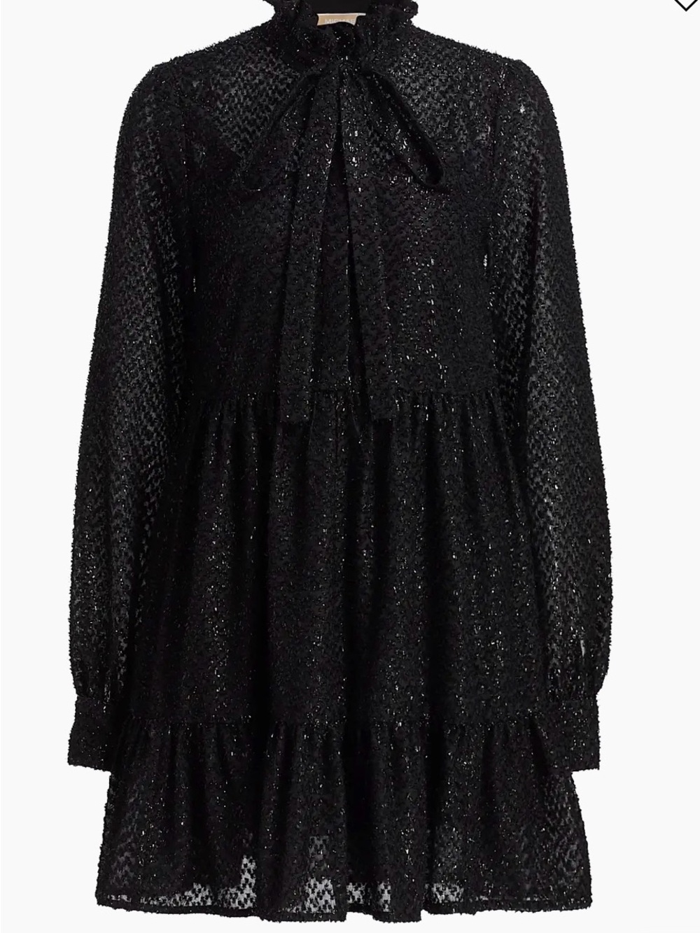 Michael Kors Black Long-Sleeve Ruffle Tie-Neck Mini Dress